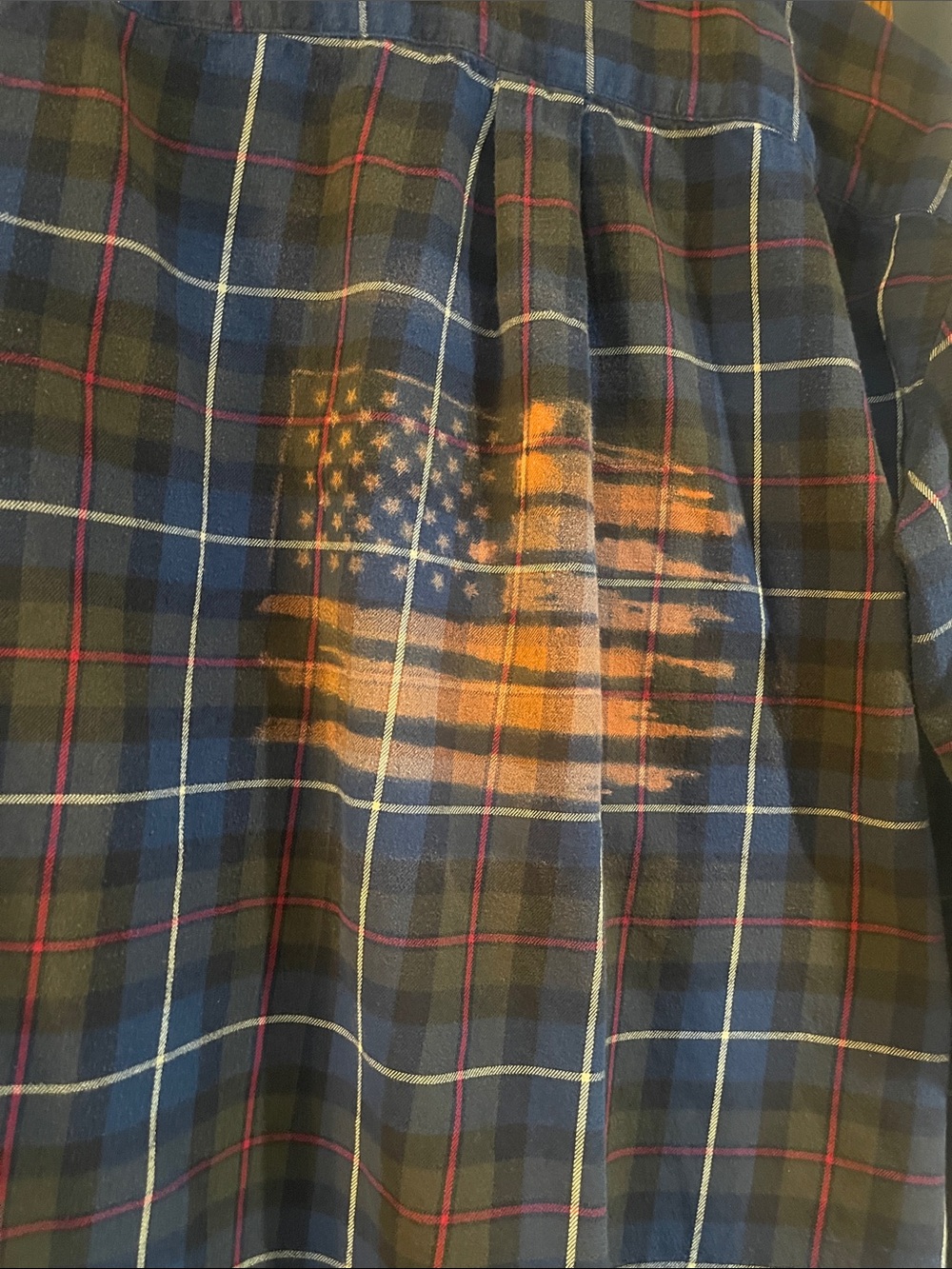 St. John's Bay Blue and Green Plaid Button-Down with Distressed Flag Print